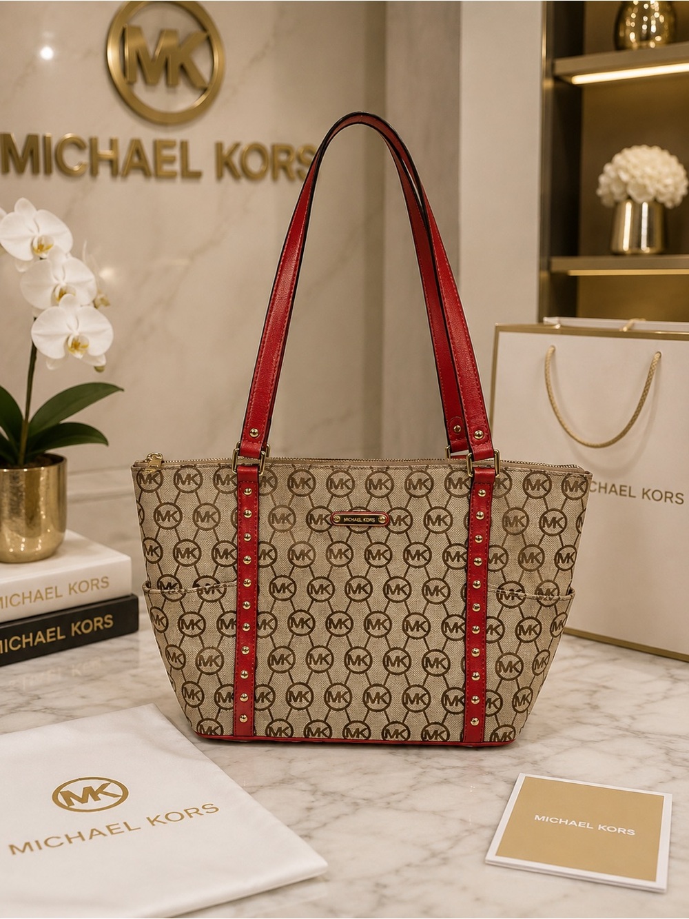 Michael Kors Signature MK Logo Tote – Red Leather Studded Trim
